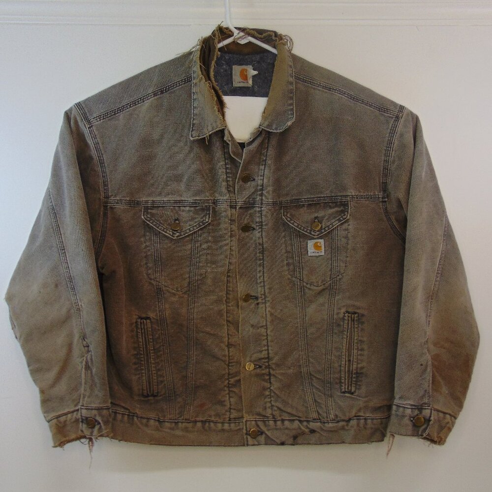 VTG 1993 Carhartt JB154 Gray Pewter Sandstone Thrashed Blanket Lined Jacket XL